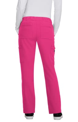 Bright pink pants with a relaxed fit and multiple pockets, featuring an elastic waistband and a branding logo.