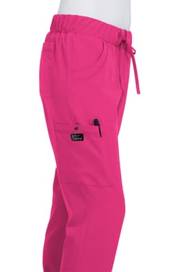 A pair of bright pink pants with an elastic waistband, featuring pockets and a logo.