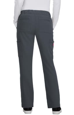 Grey cargo pants with multiple pockets, featuring an elastic waistband and a logo. View from the back.