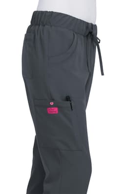Grey pants with an elastic waistband, drawstring, and pockets, featuring a small logo badge in pink.