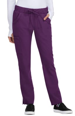 A pair of purple pants with a drawstring waist and pockets, designed for comfort and functionality.