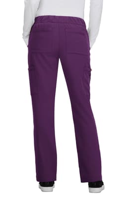 A pair of purple women's pants with a relaxed fit and multiple pockets, featuring a comfortable waistband.