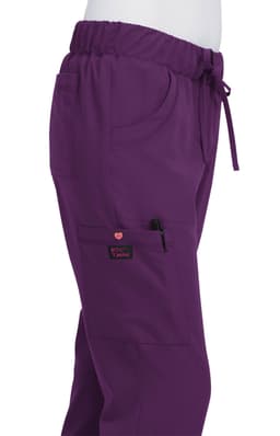 A pair of purple pants featuring a drawstring waist and multiple pockets, with a logo on the side.