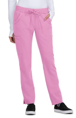 Pink pants with a drawstring waist and pockets, displayed on a model in a casual pose. The product has a logo.