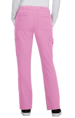 Pink cargo pants with an elastic waistband and multiple pockets, viewed from the back.
