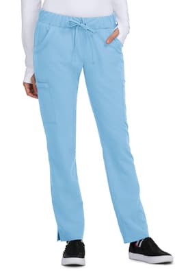 Light blue pants with a drawstring waist and side pockets, featuring a logo on the back.