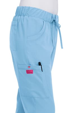 A light blue pant with an elastic waistband and pockets, featuring a logo on the side.