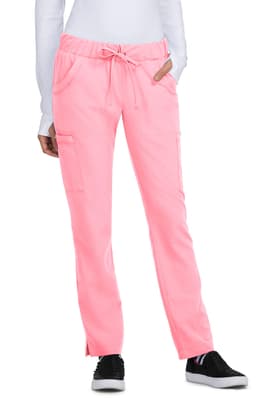 A pair of pink jogger pants with pockets and a drawstring waistband, featuring a logo.