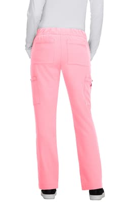 Pink pants with a relaxed fit and multiple pockets, featuring an elastic waistband. The view is from the back.