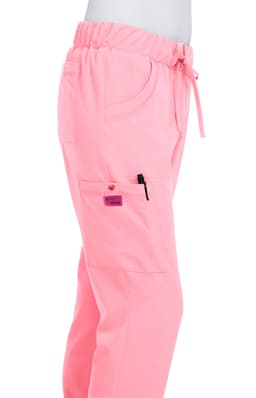 A pair of pink pants with a drawstring waist, featuring pockets and branding.
