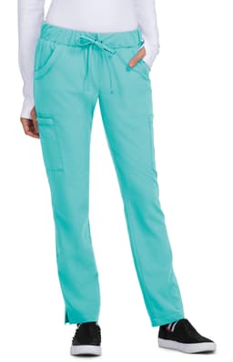 A pair of turquoise pants with a drawstring waist and pockets, featuring a logo on the left side.