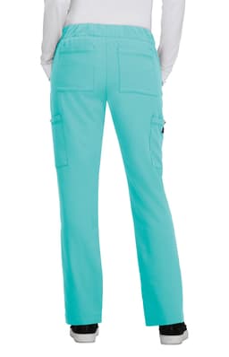 Bright aqua pants with a comfortable elastic waistband and multiple pockets. The view shows the back of the pants.