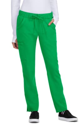 Green pants with a drawstring waist, featuring pockets, styled for a relaxed fit. 