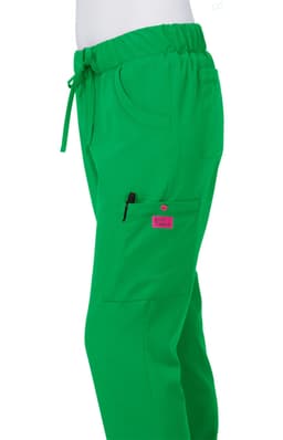 Bright green pants with a drawstring waist and pockets, featuring a logo on the side.
