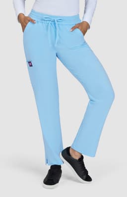 Light blue jogger pants with a drawstring waist and side pockets, featuring a logo on one leg.
