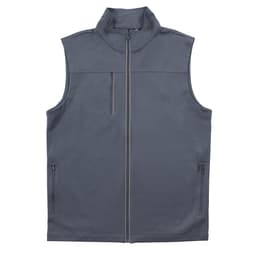 A grey sleeveless vest with a high collar and zippered pockets. It features a logo on one side.
