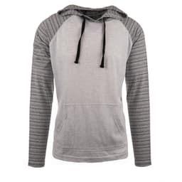 A yarn-dyed long sleeve knit hoodie in grey with striped sleeves and a front pocket. It features a hood and a brand logo.
