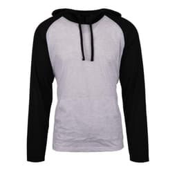 A yarn-dyed long sleeve knit hoodie in grey and black, featuring a hood and a front pocket. It has a logo.