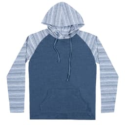 A yarn-dyed long sleeve knit hoodie in blue with striped sleeves and a front pocket. It features a hood and drawstrings.