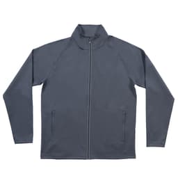 A grey full zip jacket with a high collar and side pockets, featuring a logo on the front.