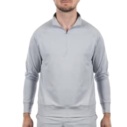 A light grey quarter-zip pullover featuring long sleeves and a collar. The garment has a logo on it.