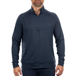 A navy blue soft jersey quarter zip jumper with long sleeves and a collar. The item features a subtle logo.