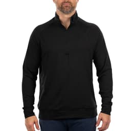 A black Soft Jersey Quarter Zip pullover, featuring long sleeves and a high collar. It has a simple logo on the front.