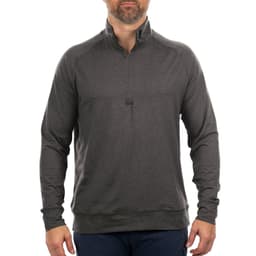 A soft jersey quarter zip, featuring long sleeves and a collar, in a dark grey colour. It has a subtle logo.