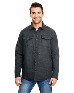 A man wearing a dark grey flannel jacket with poly lining and two chest pockets. The jacket has a button-up front.