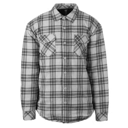 A flannel jacket in grey with a checked pattern, featuring two front pockets and a collar. It has a logo on the label.