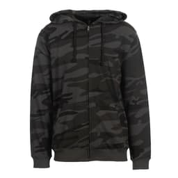 A black camo full zip hoodie with a front pocket and a hood. The garment features a logo on it.