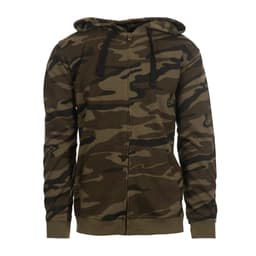 A camouflage patterned full zip hoodie in shades of green and brown, featuring a drawstring hood and a logo.