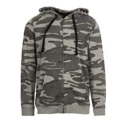 A grey camouflage full zip hoodie with a hood and drawstring, featuring dark accents and a logo.