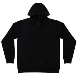 A black full zip hoodie made from enzyme washed French terry fabric, featuring a hood and front pockets.