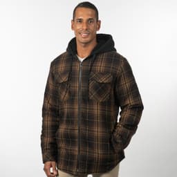 A flannel jacket with a black Sherpa hoodie and quilted lining, featuring a plaid design in brown and black.