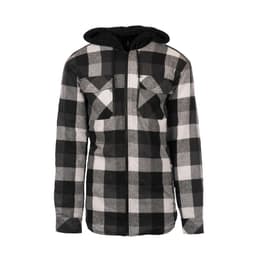 A flannel jacket with a black and white check pattern and a Sherpa-lined hoodie. Features a zip front and chest pockets.