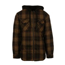 A flannel jacket in black and brown plaid with a sherpa hoodie and quilted lining, featuring front pockets and a zip.
