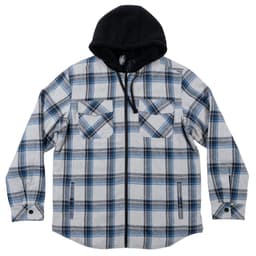A flannel jacket featuring a black Sherpa hoodie and quilted lining, with blue and grey checkered patterns.