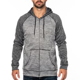 A grey full zip performance raglan hoodie with a two-tone design and a front pocket. It has a hood and a logo.