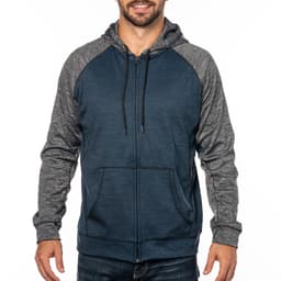 A navy blue and grey full zip performance raglan hoodie with a front pocket and adjustable hood.