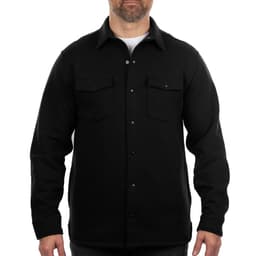 A man wearing a black fleece snap jacket with two front pockets and a button-up design.