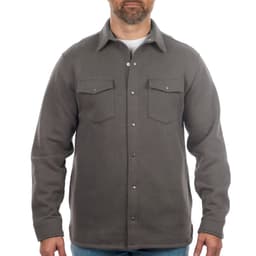 A grey fleece snap jacket featuring a collared neck and two chest pockets, worn by a model.