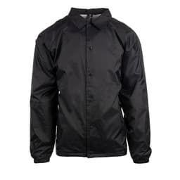 A black coaches jacket with buttons and a collar, featuring a logo on the front.