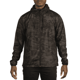 A lightweight windbreaker in a dark camouflage pattern, featuring a hood and zippers, displayed on a model.