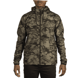 A lightweight windbreaker in a camouflage pattern, featuring a hood and zippered front. The jacket is shown on a model.