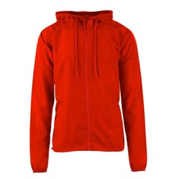 A lightweight windbreaker in bright red, featuring a hood and a zip closure, with a logo on the front.