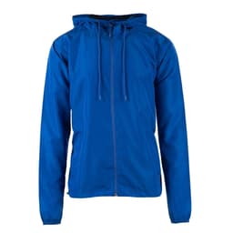 A lightweight windbreaker in a bright blue colour with a hood and front zip. It has elastic cuffs and a casual fit.