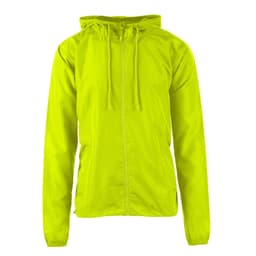 A lightweight windbreaker in bright green with a hood and front zip, featuring a logo on the side.