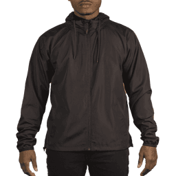 A lightweight windbreaker in black with a hood and drawstrings, featuring a fitted design.