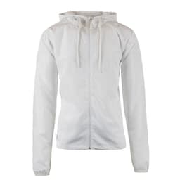 A lightweight windbreaker in white with a front zip and drawstring hood, featuring long sleeves.